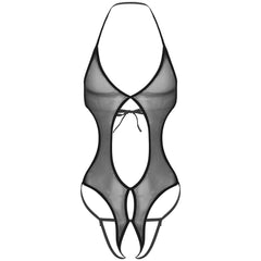 black sheer lace-up bodysuit flat lay, lace detail and corset lacing, high-cut shape – pridevoyageshop.com – gay men’s harness, lingerie and fetish wear