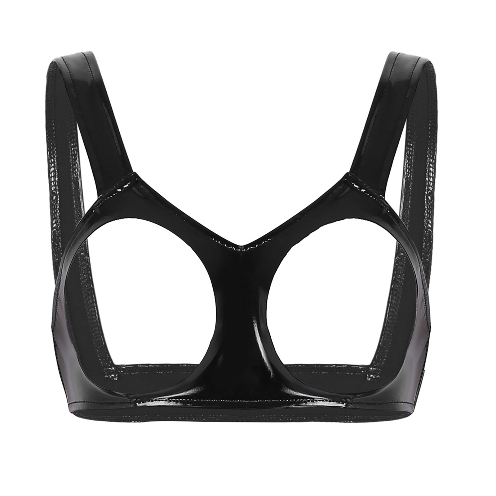 black vinyl harness flat lay with shiny finish and metal buckle straps – pridevoyageshop.com – gay men’s harness, lingerie and fetish wear
