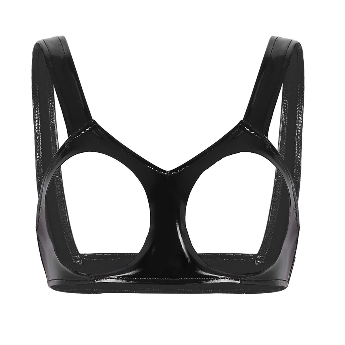 black vinyl harness flat lay with shiny finish and metal buckle straps – pridevoyageshop.com – gay men’s harness, lingerie and fetish wear
