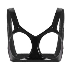 black vinyl harness flat lay with shiny finish and metal buckle straps – pridevoyageshop.com – gay men’s harness, lingerie and fetish wear

