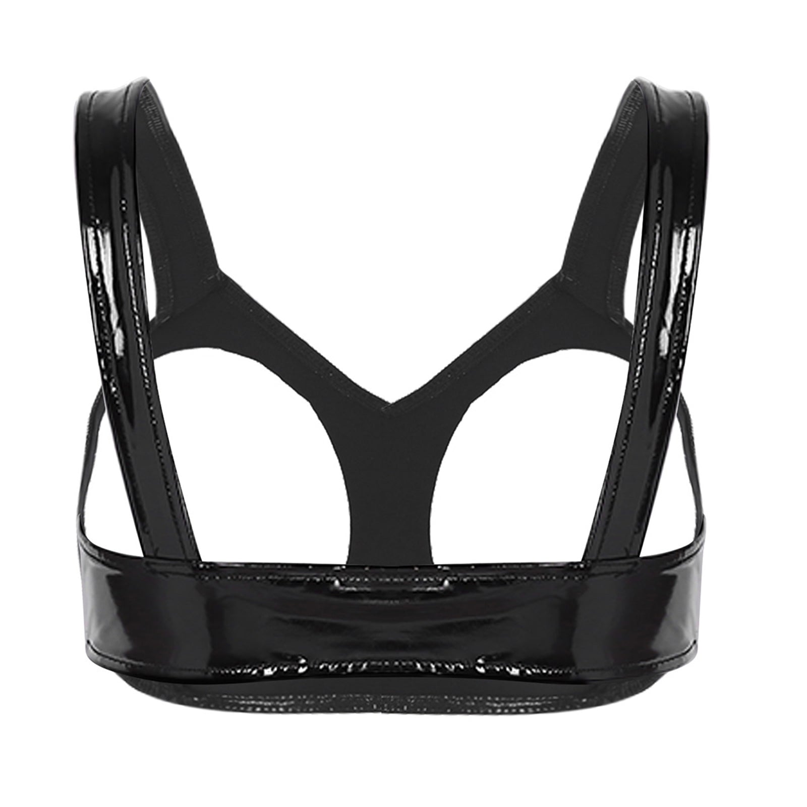 black vinyl harness flat lay with shiny finish and metal buckle straps – pridevoyageshop.com – gay men’s harness, lingerie and fetish wear
