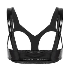 black vinyl harness flat lay with shiny finish and metal buckle straps – pridevoyageshop.com – gay men’s harness, lingerie and fetish wear
