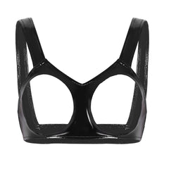 black vinyl harness flat lay with shiny finish and metal buckle straps – pridevoyageshop.com – gay men’s harness, lingerie and fetish wear
