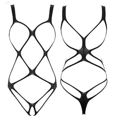 black web-mesh cut-out bodysuit flat lay, strappy open mesh design – pridevoyageshop.com – gay men’s harness, lingerie and fetish wear
