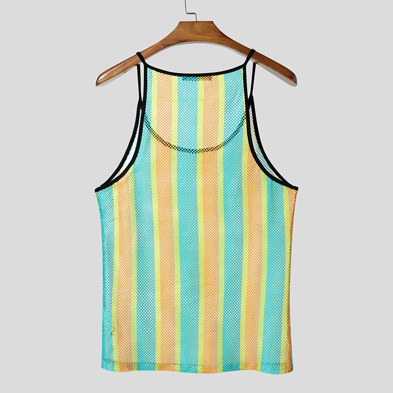 blue Boardwalk Candy Stripe Mesh Cami – pridevoyageshop.com – gay men’s harness, lingerie and fetish wear.