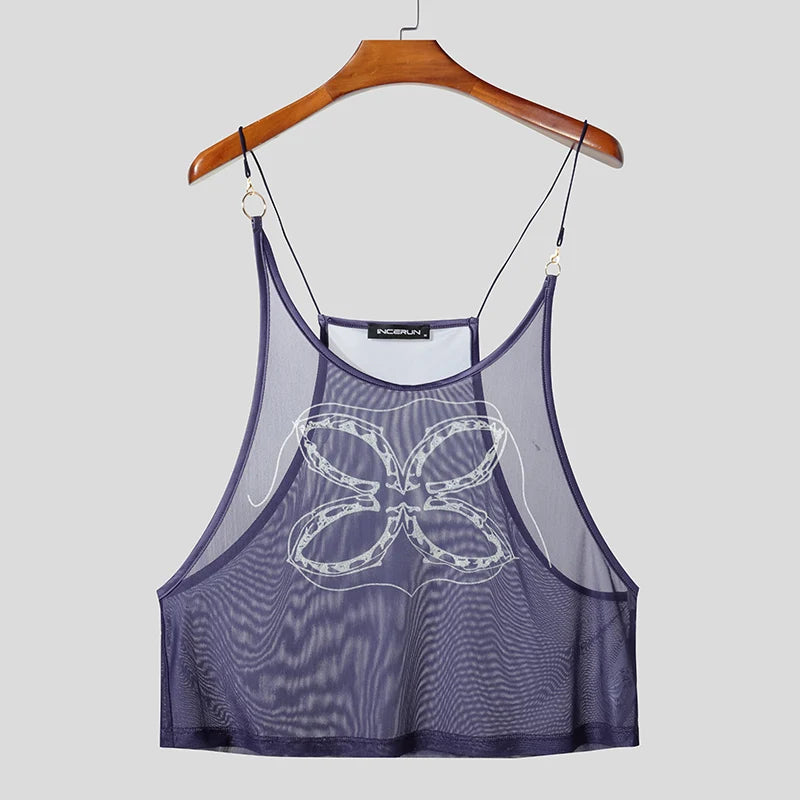 blue Dark Garden Sheer Harness Cami – pridevoyageshop.com – gay men’s harness, lingerie and fetish wear