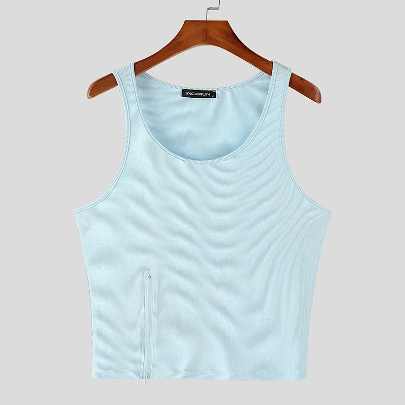 blue Easy Out Zip Rib Crop Top - pridevoyageshop.com - gay men’s harness, lingerie and fetish wear
