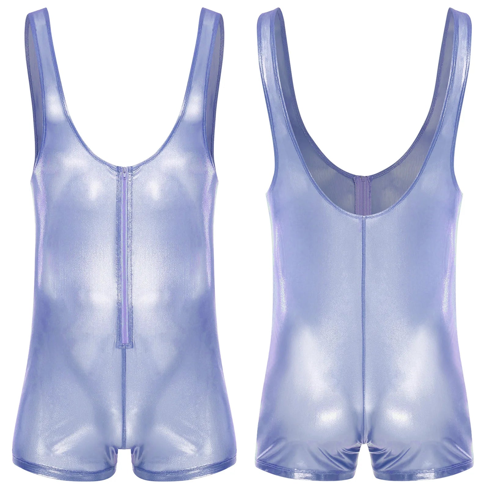 blue Gameboi Holo-Zip Singlet flat-lay detail showcasing holographic zipper and high-cut design – pridevoyageshop.com – gay men’s harness, lingerie and fetish wear