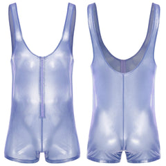 blue Gameboi Holo-Zip Singlet flat-lay detail showcasing holographic zipper and high-cut design – pridevoyageshop.com – gay men’s harness, lingerie and fetish wear