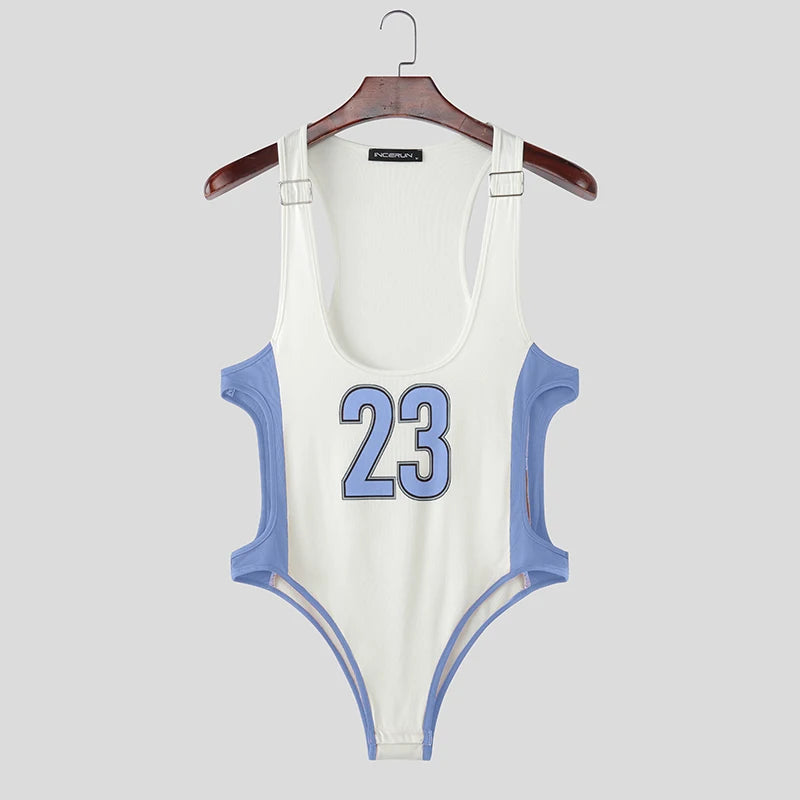 blue Jock Fantasy Jersey Bodysuit flat lay showing athletic mesh front and jock-back straps – pridevoyageshop.com – gay men’s harness, lingerie and fetish wear