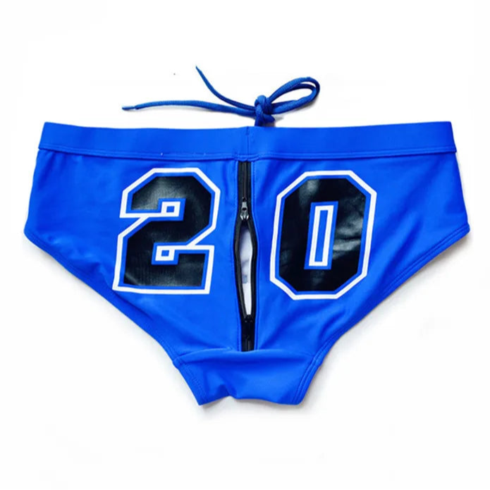 blue Men’s Backdoor Access Zipper Swim Briefs - pridevoyageshop.com - gay men’s sexy swim briefs, trunks, board shorts, and bikinis