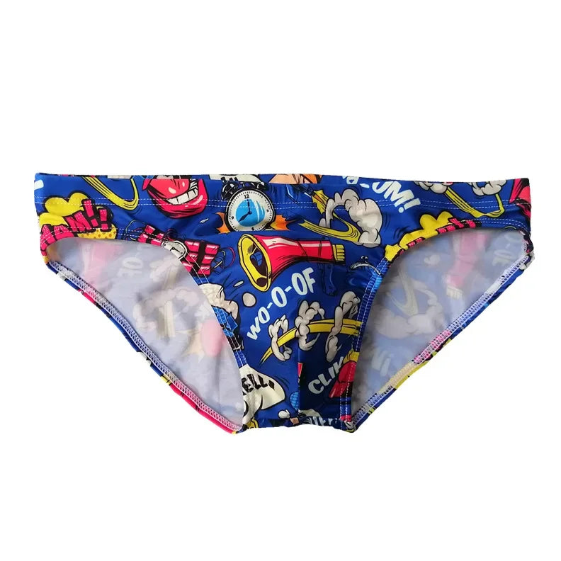 blue Men’s Comic Crotch Swim Briefs - pridevoyageshop.com - gay men’s sexy swim briefs, trunks, board shorts, and bikinis