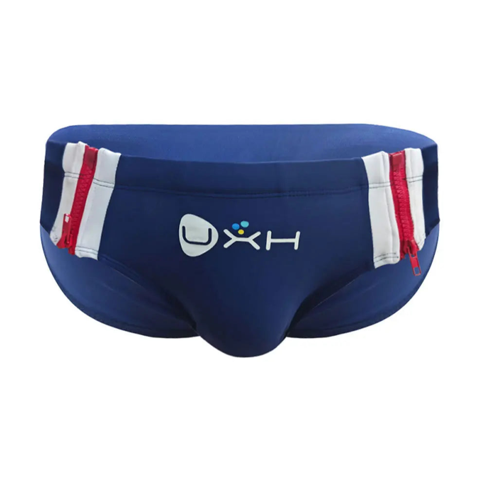 blue Men’s Double Zipper Pouch Swim Briefs - pridevoyageshop.com - gay men’s sexy swim briefs, trunks, board shorts, and bikinis