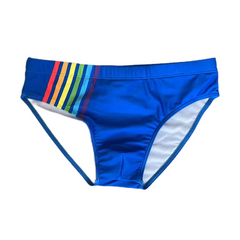 blue Men’s Pride Streak Bikini Swim Briefs - pridevoyageshop.com - gay men’s sexy swim briefs, trunks, board shorts, and bikinis