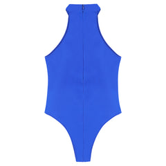 blue Profile High-Neck Halter Leotard flat-lay detail showing high-neck halter cut and body-shaping fit – pridevoyageshop.com – gay men’s harness, lingerie and fetish wear