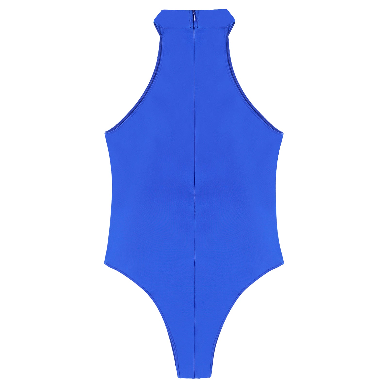 blue Profile High-Neck Halter Leotard flat-lay detail showing high-neck halter cut and body-shaping fit – pridevoyageshop.com – gay men’s harness, lingerie and fetish wear