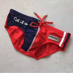 blue and red Desmiit Men’s Game On! Low Rise Swim Trunks - pridevoyageshop.com - gay men’s sexy swim briefs, trunks, board shorts, and bikinis