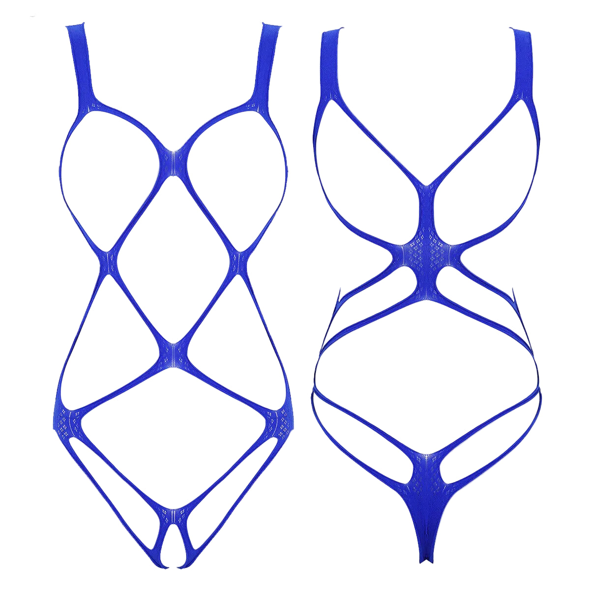 blue cut-out web mesh bodysuit flat lay, stretchy open mesh and straps – pridevoyageshop.com – gay men’s harness, lingerie and fetish wear