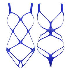 blue cut-out web mesh bodysuit flat lay, stretchy open mesh and straps – pridevoyageshop.com – gay men’s harness, lingerie and fetish wear