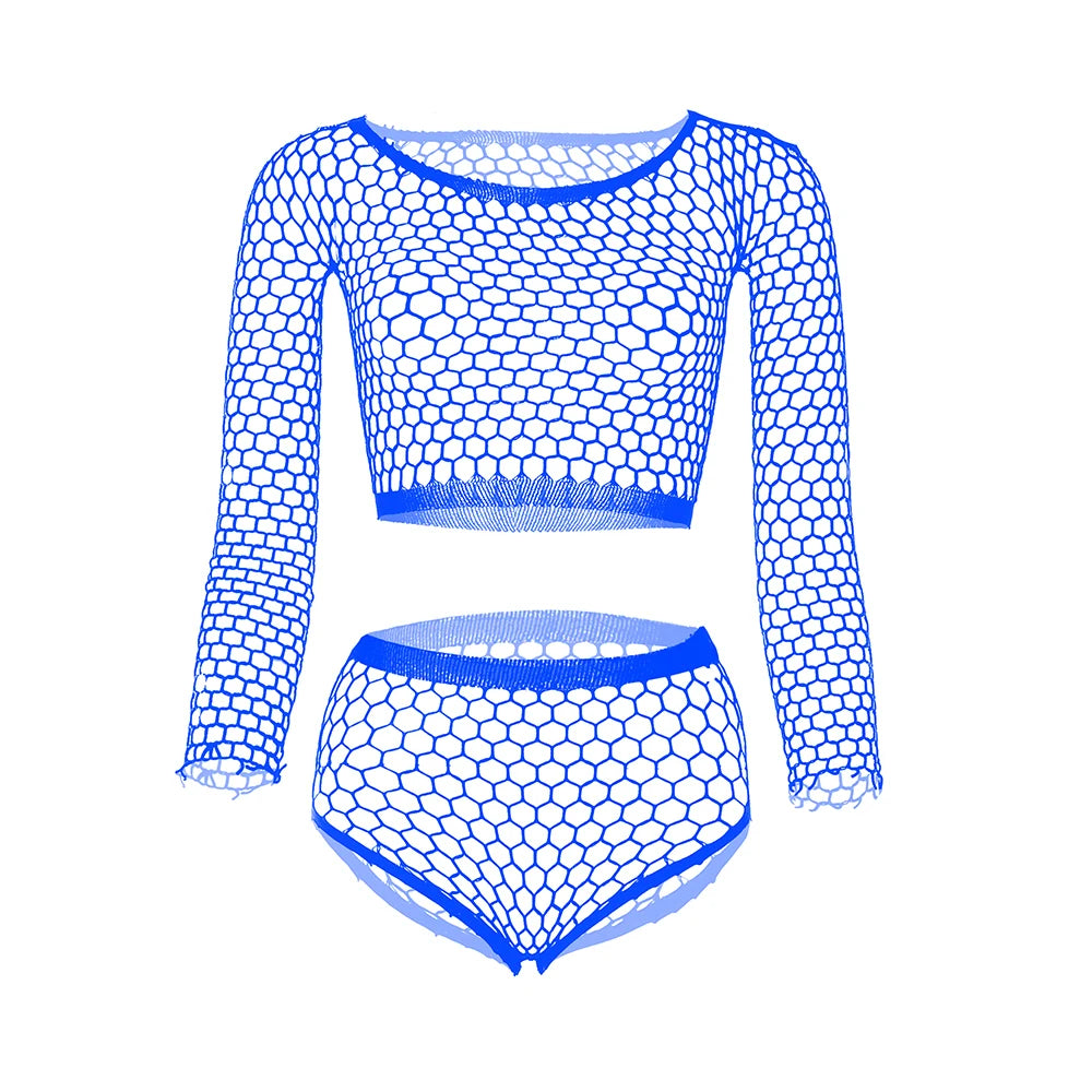 blue hex net lingerie set sporty mesh flat lay – pridevoyageshop.com – gay men’s harness, lingerie and fetish wear
