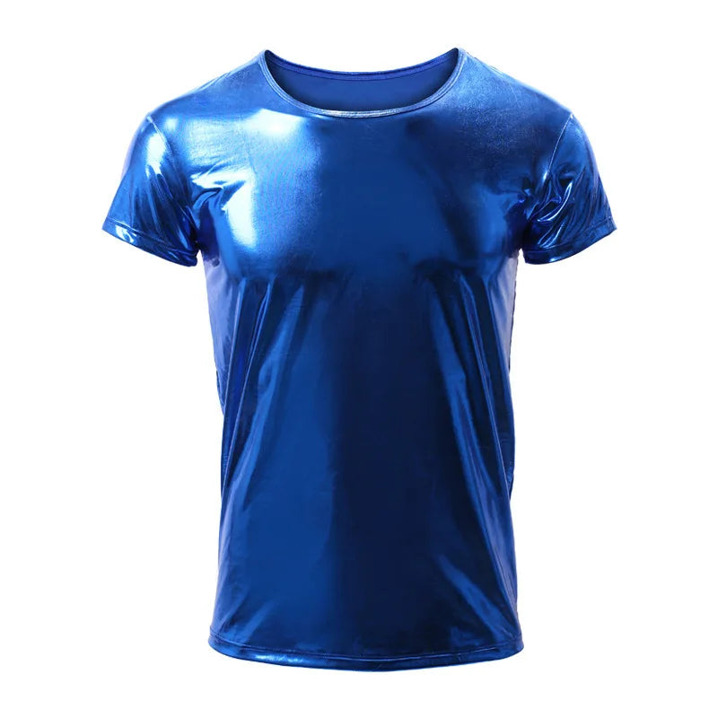 blue holographic metallic short sleeve tee displayed flat – pridevoyageshop.com – gay men’s gym tank tops mesh tank tops activewear clubwear fashion tops