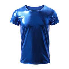 blue holographic metallic short sleeve tee displayed flat – pridevoyageshop.com – gay men’s gym tank tops mesh tank tops activewear clubwear fashion tops