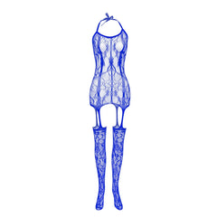 blue neon fishnet teddy flat lay with sheer mesh and high-rise leg cut – pridevoyageshop.com – gay men’s harness, lingerie and fetish wear