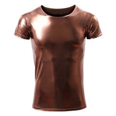 brown holographic metallic short sleeve tee displayed flat – pridevoyageshop.com – gay men’s gym tank tops mesh tank tops activewear clubwear fashion tops