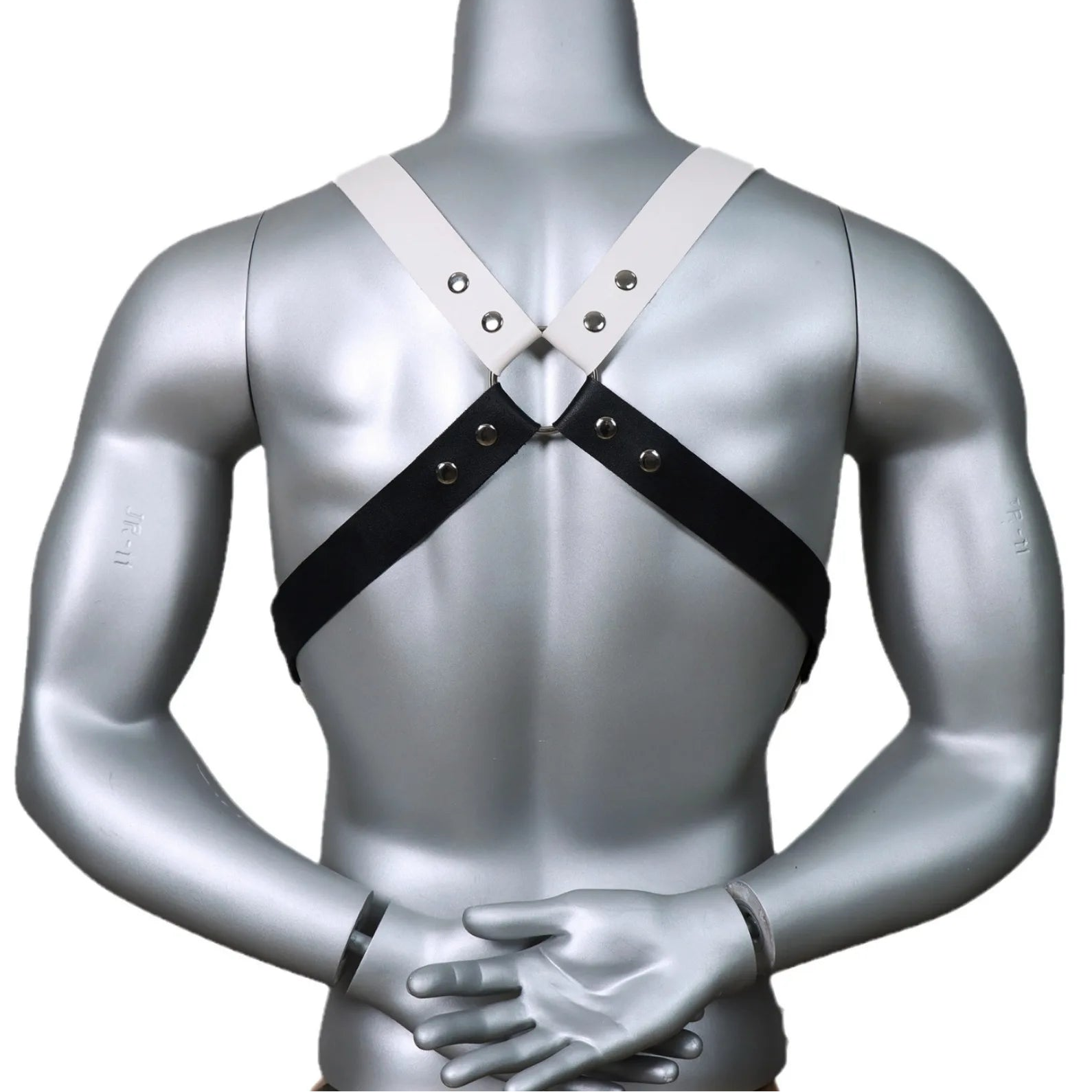 close-up of black and white Men’s Division Chest Harness – pridevoyageshop.com – gay men’s harness, lingerie and fetish wear