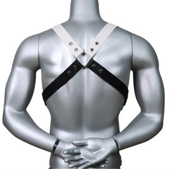 close-up of black and white Men’s Division Chest Harness – pridevoyageshop.com – gay men’s harness, lingerie and fetish wear