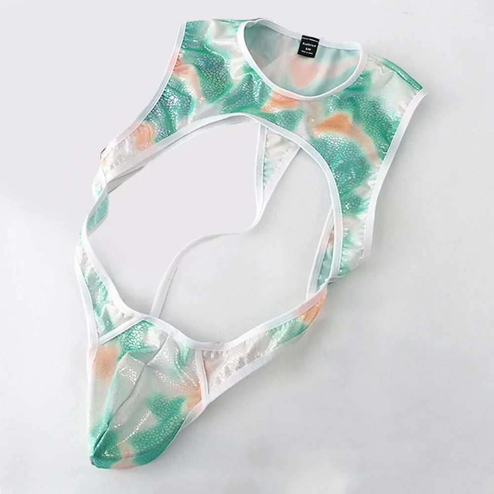 close-up of green chestplate harness leotard showing molded armor-style texture and adjustable straps – pridevoyageshop.com – gay men’s harness, lingerie and fetish wear