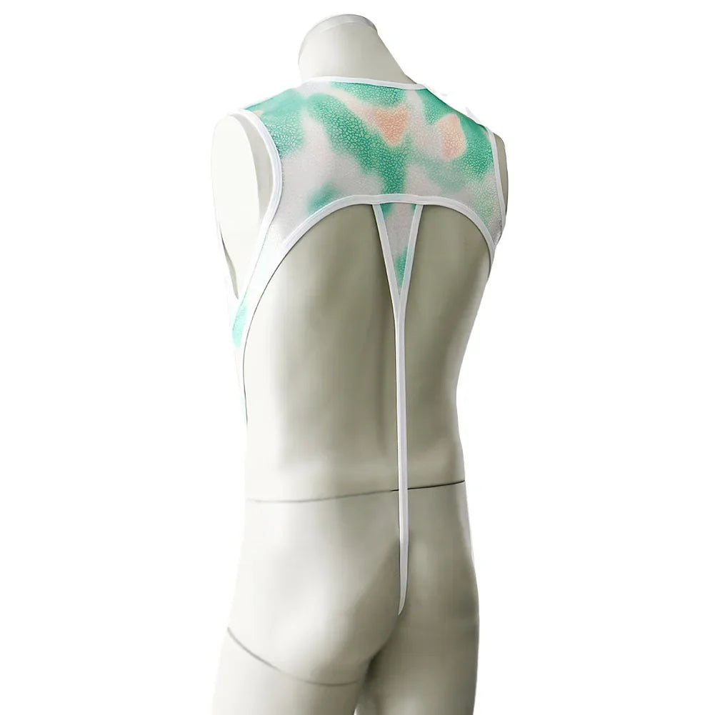 close-up of green chestplate harness leotard showing molded armor-style texture and adjustable straps – pridevoyageshop.com – gay men’s harness, lingerie and fetish wear