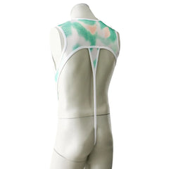 close-up of green chestplate harness leotard showing molded armor-style texture and adjustable straps – pridevoyageshop.com – gay men’s harness, lingerie and fetish wear