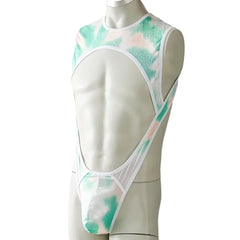 close-up of green chestplate harness leotard showing molded armor-style texture and adjustable straps – pridevoyageshop.com – gay men’s harness, lingerie and fetish wear
