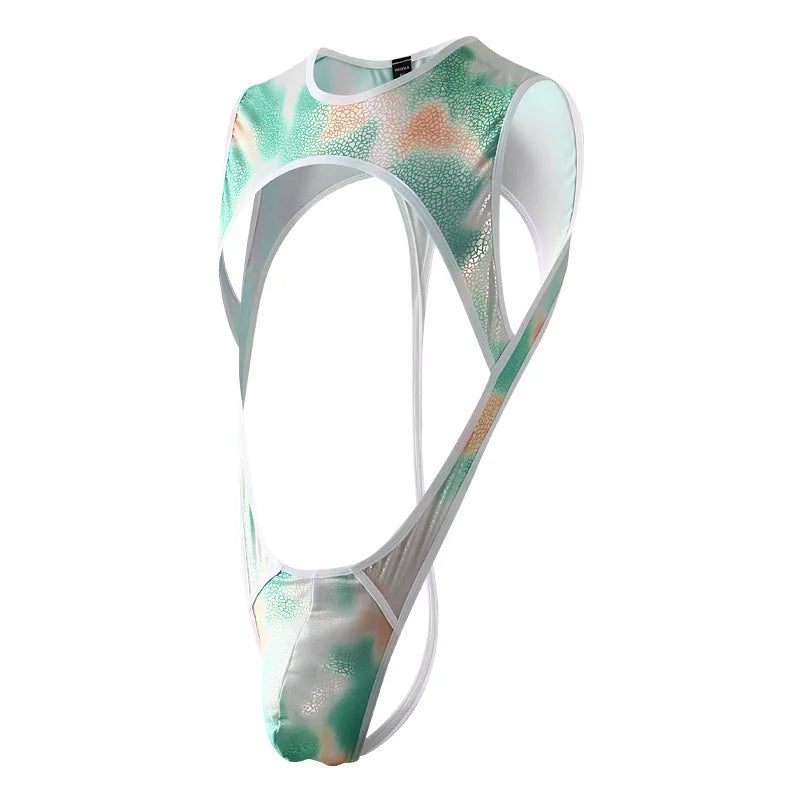 close-up of green chestplate harness leotard showing molded armor-style texture and adjustable straps – pridevoyageshop.com – gay men’s harness, lingerie and fetish wear