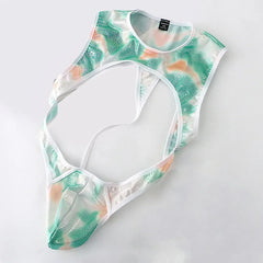 close-up of green chestplate harness leotard showing molded armor-style texture and adjustable straps – pridevoyageshop.com – gay men’s harness, lingerie and fetish wear