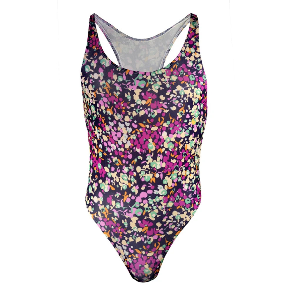 close-up of purple floral lace racerback bodysuit fabric and cut-out design – pridevoyageshop.com – gay men’s harness, lingerie and fetish wear