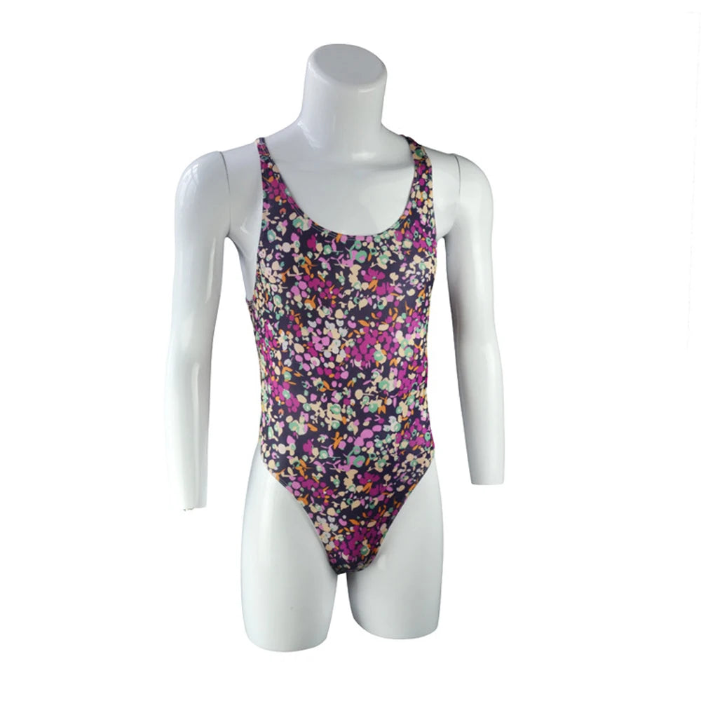 close-up of purple floral lace racerback bodysuit fabric and cut-out design – pridevoyageshop.com – gay men’s harness, lingerie and fetish wear