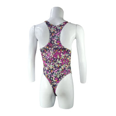 close-up of purple floral lace racerback bodysuit fabric and cut-out design – pridevoyageshop.com – gay men’s harness, lingerie and fetish wear