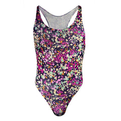 close-up of purple floral lace racerback bodysuit fabric and cut-out design – pridevoyageshop.com – gay men’s harness, lingerie and fetish wear