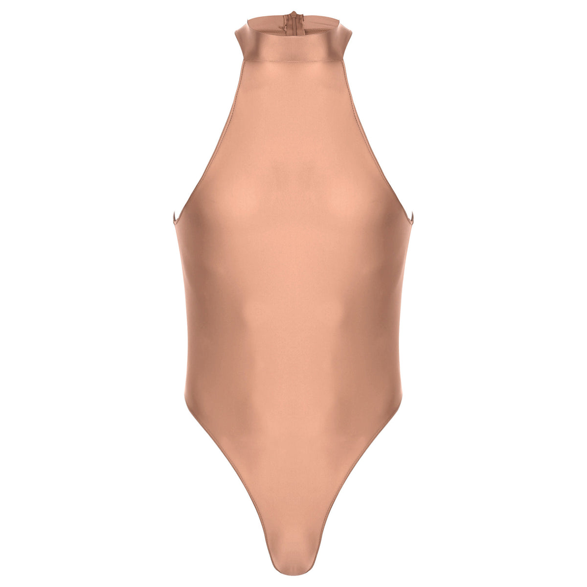 coffee Profile High-Neck Halter Leotard flat-lay detail showing high-neck halter cut and body-shaping fit – pridevoyageshop.com – gay men’s harness, lingerie and fetish wear