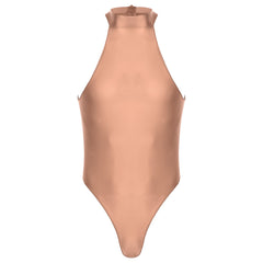 coffee Profile High-Neck Halter Leotard flat-lay detail showing high-neck halter cut and body-shaping fit – pridevoyageshop.com – gay men’s harness, lingerie and fetish wear