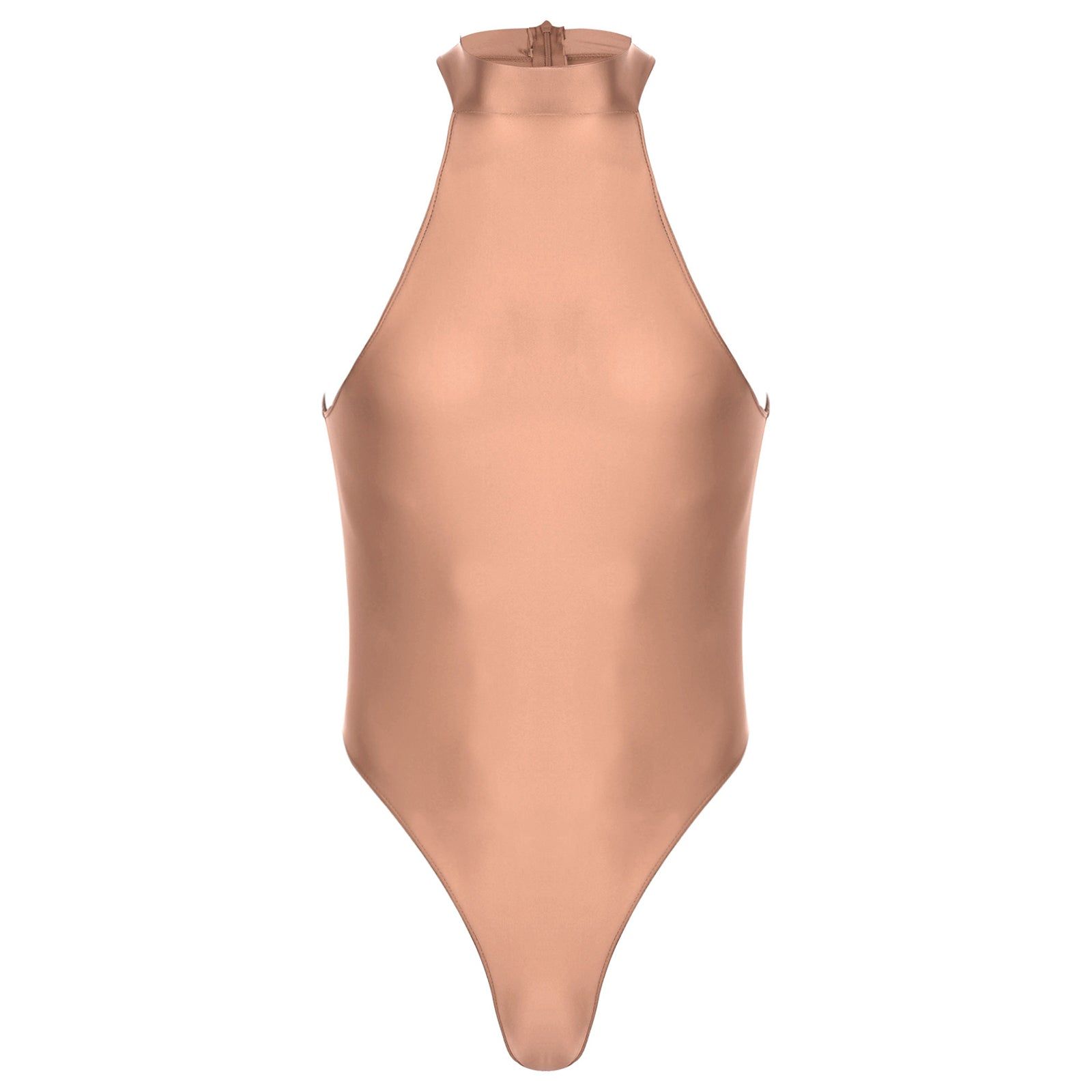 coffee Profile High-Neck Halter Leotard flat-lay detail showing high-neck halter cut and body-shaping fit – pridevoyageshop.com – gay men’s harness, lingerie and fetish wear