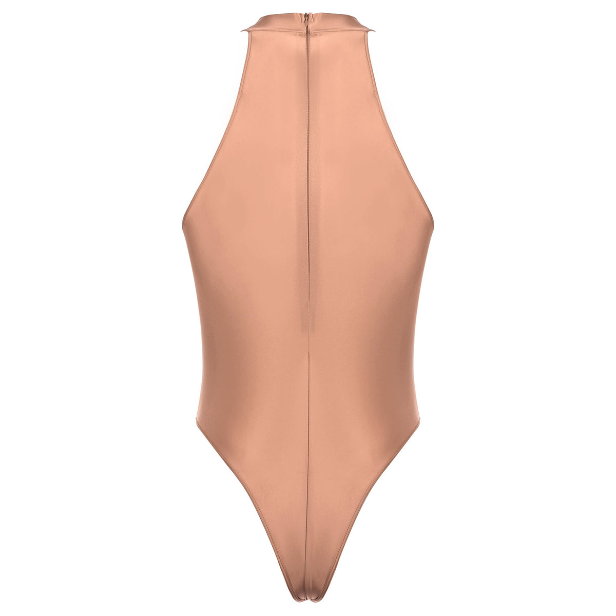 coffee Profile High-Neck Halter Leotard flat-lay detail showing high-neck halter cut and body-shaping fit – pridevoyageshop.com – gay men’s harness, lingerie and fetish wear