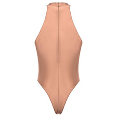 coffee Profile High-Neck Halter Leotard flat-lay detail showing high-neck halter cut and body-shaping fit – pridevoyageshop.com – gay men’s harness, lingerie and fetish wear