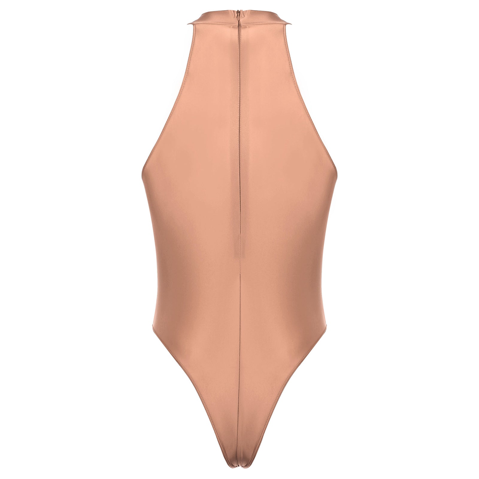 coffee Profile High-Neck Halter Leotard flat-lay detail showing high-neck halter cut and body-shaping fit – pridevoyageshop.com – gay men’s harness, lingerie and fetish wear