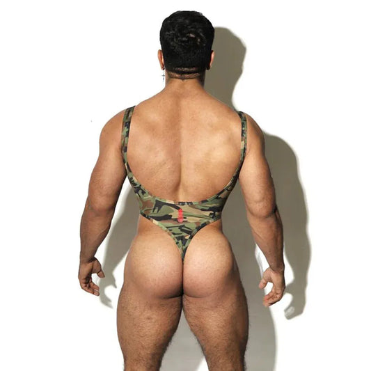 a sexy gay man in camouflage Extreme Thong Bodysuit - Men's Singlets, Bodysuits, Leotard & Unitard - pridevoyageshop.com