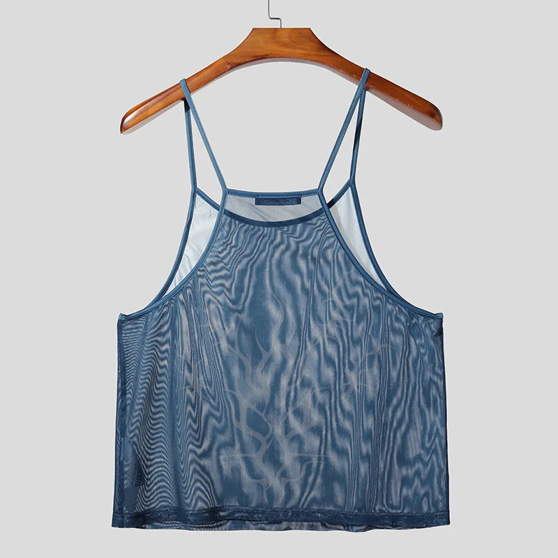 dark blue Sin City Flame Mesh Cami - pridevoyageshop.com - gay men’s harness, lingerie and fetish wear