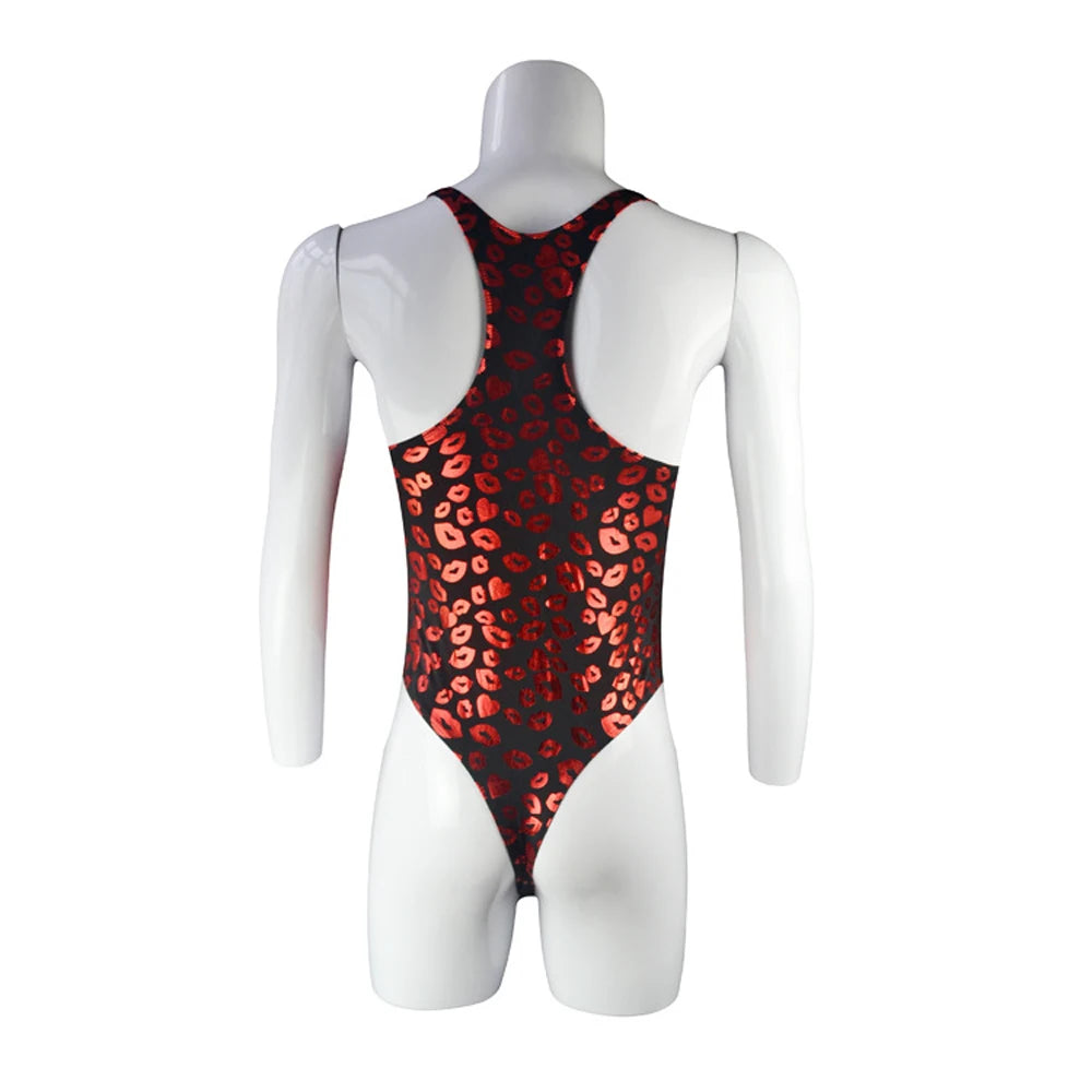 detail close-up of red kiss-print racerback leotard showing stretchy body-hugging fabric and lip graphics – pridevoyageshop.com – gay men’s harness, lingerie and fetish wear