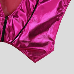 detail of Men’s Bubblegum Shiny Cutout Vest - pridevoyageshop.com - gay men's harness, fetish gear, rave outfit